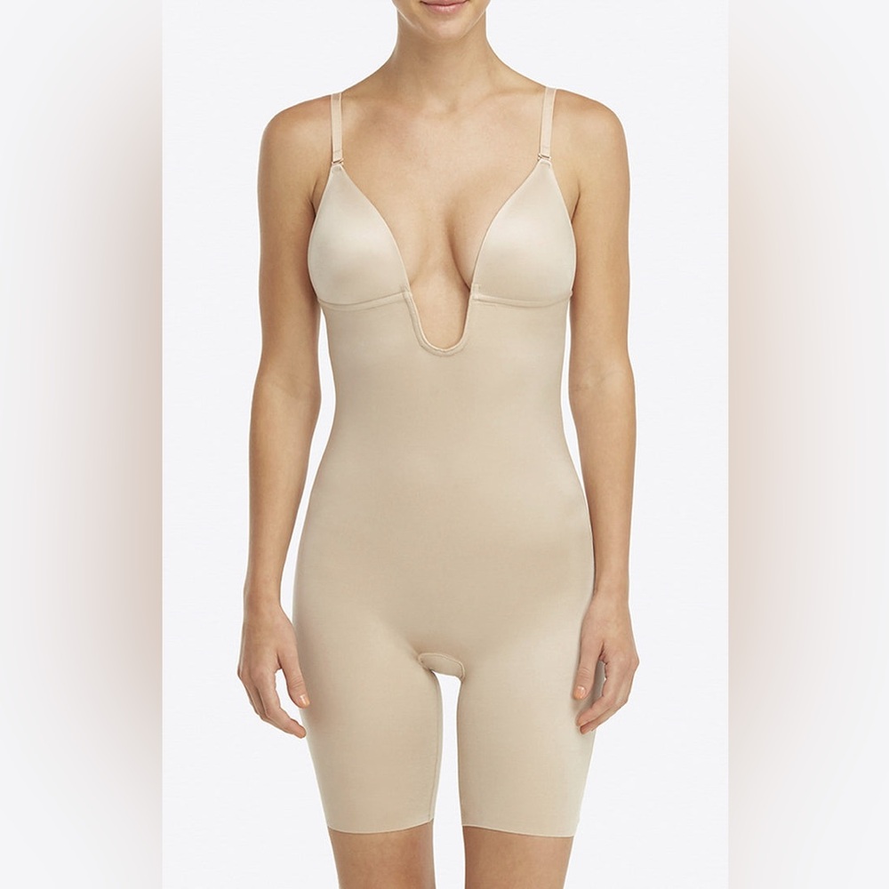 Spanx Spanxshape Plunge Low-Back Mid-Thigh Bodysuit in Champagne Beige